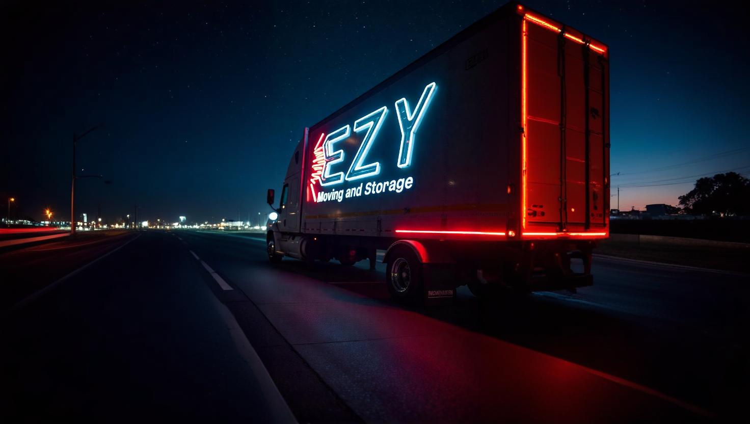 EZY Moving truck with neon lights on highway at night